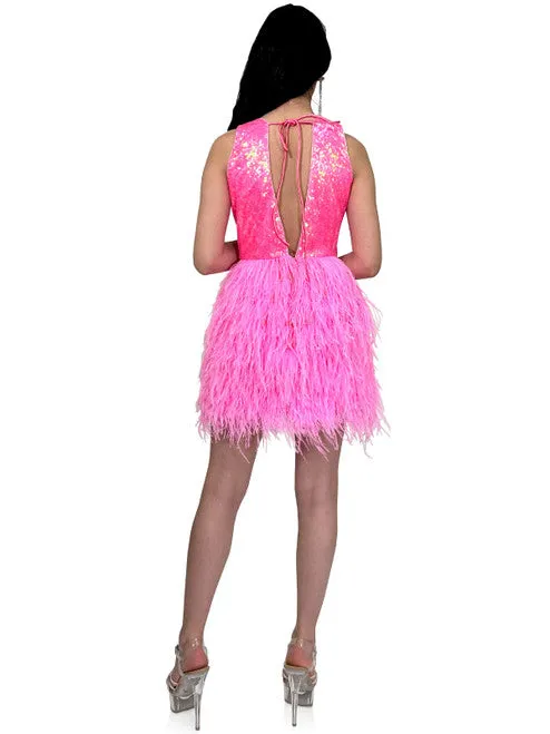Marc Defang 8203 Short Ostrich Feather Sequin Backless cocktail Dress Formal Pageant