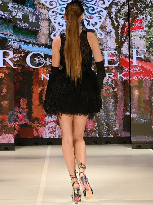 Marc Defang 8203 Short Ostrich Feather Sequin Backless cocktail Dress Formal Pageant