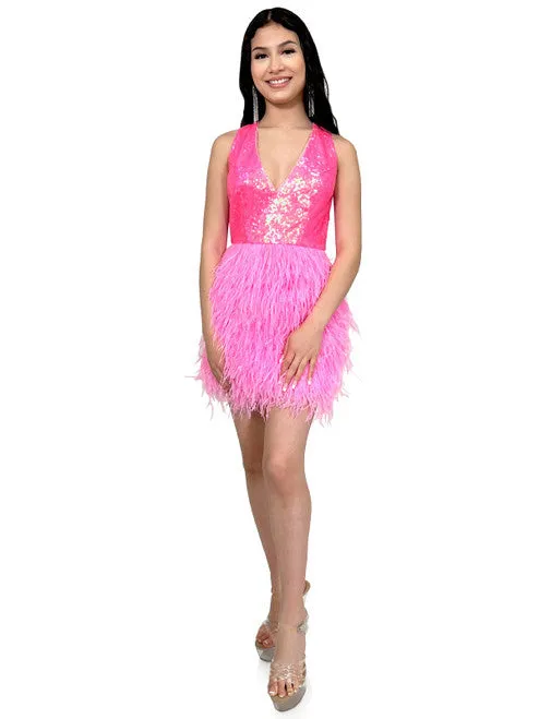 Marc Defang 8203 Short Ostrich Feather Sequin Backless cocktail Dress Formal Pageant