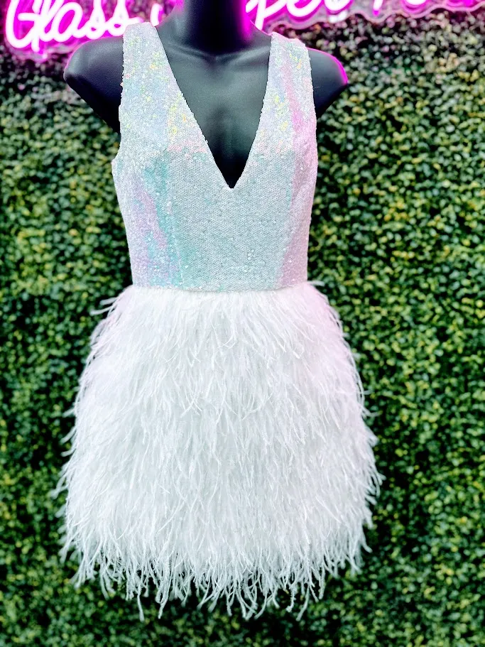 Marc Defang 8203 Short Ostrich Feather Sequin Backless cocktail Dress Formal Pageant