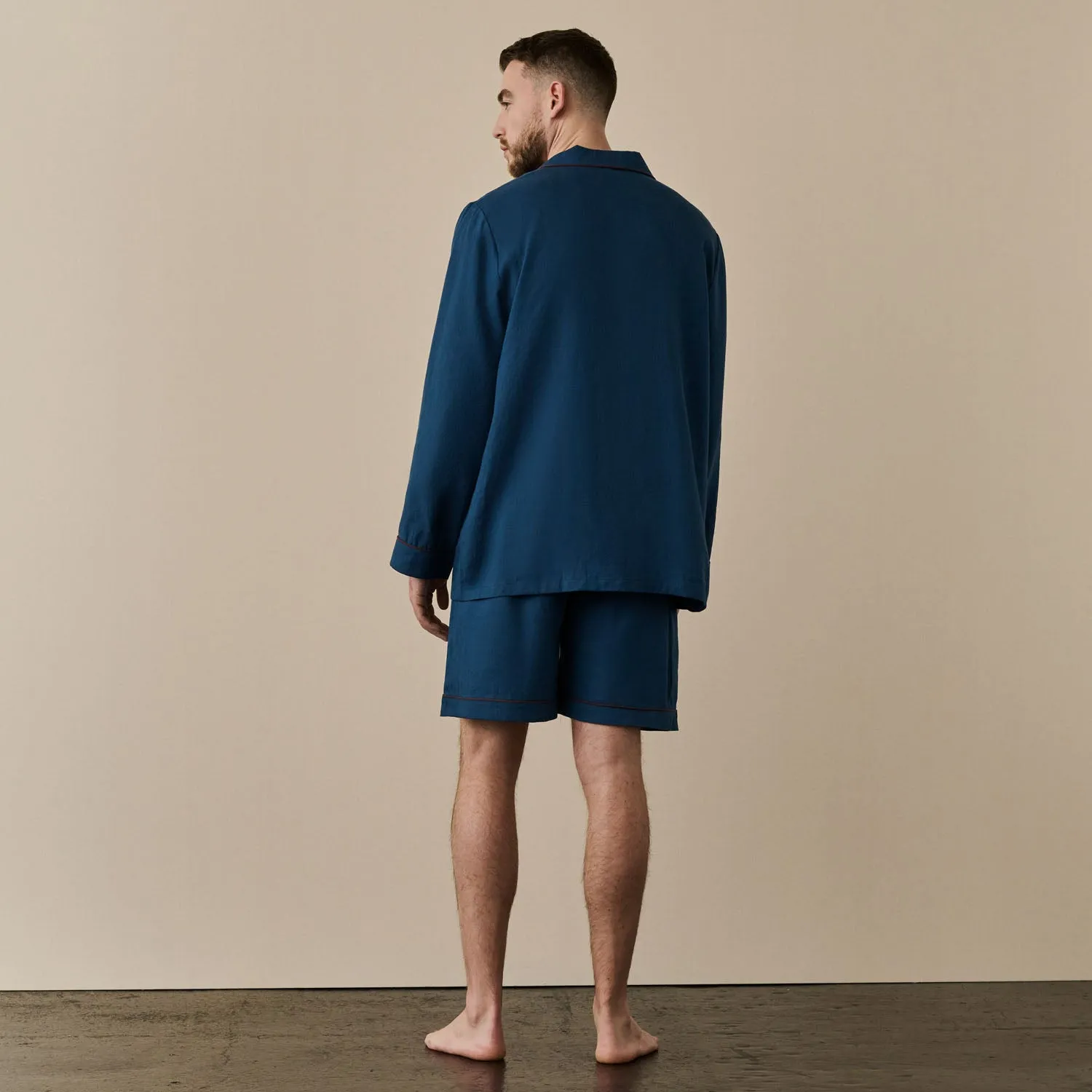 Men's Marine Blue Linen Pajama Short Set