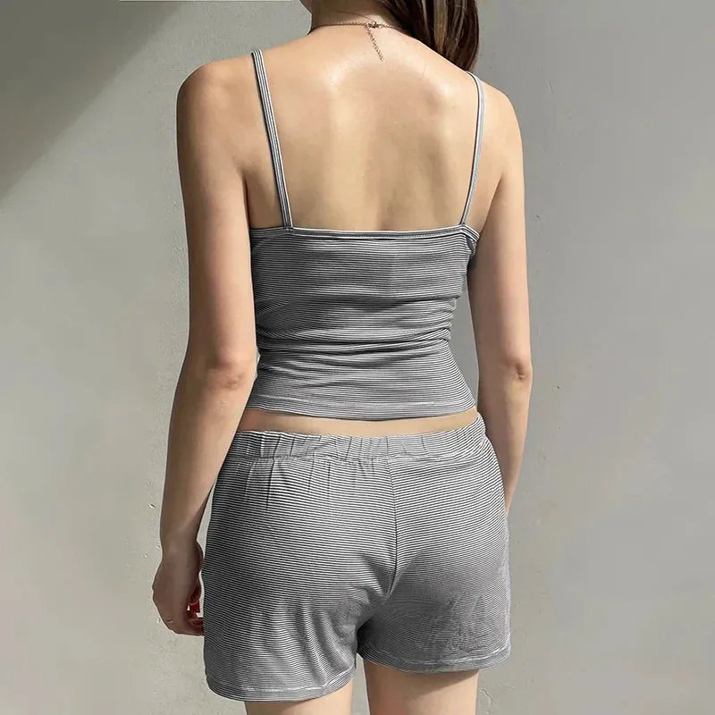 Metaversmall Casual Stripe Lace Trim Summer Two Pieces Set Female Homewear Buttons Camis Top Shorts Slim Basic Matching Suits Y2K