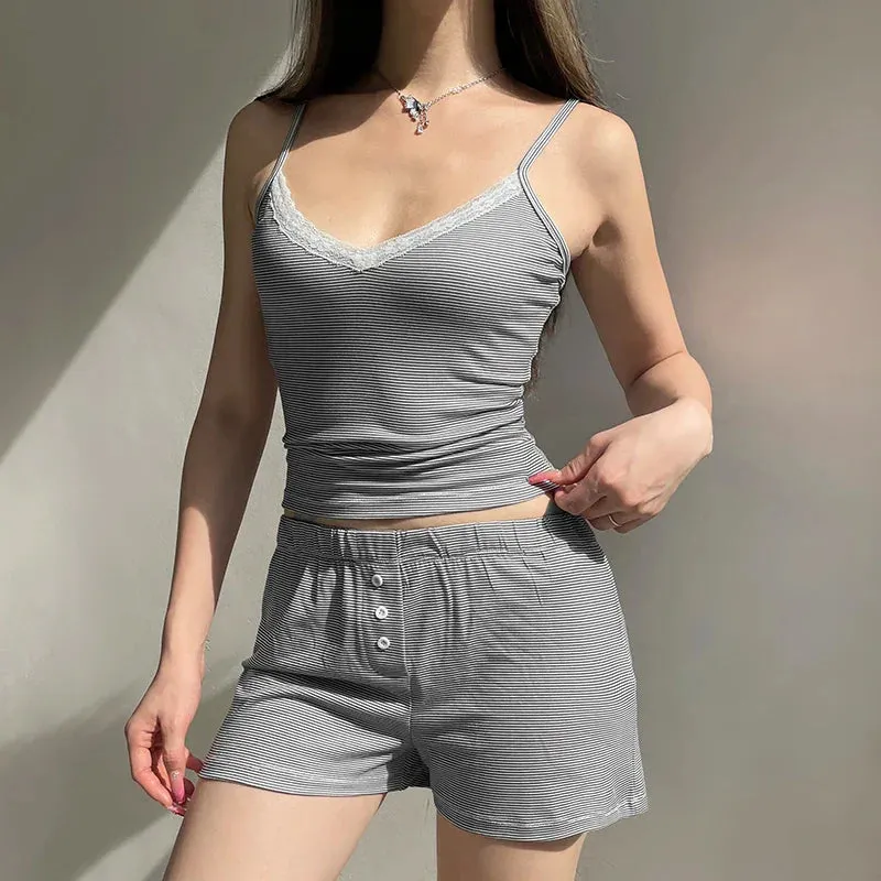 Metaversmall Casual Stripe Lace Trim Summer Two Pieces Set Female Homewear Buttons Camis Top Shorts Slim Basic Matching Suits Y2K