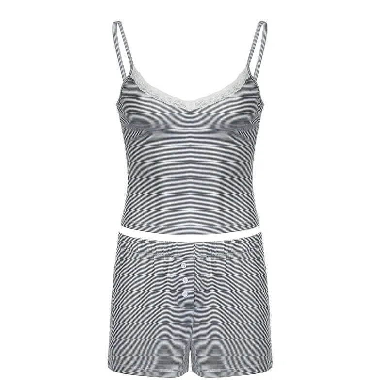 Metaversmall Casual Stripe Lace Trim Summer Two Pieces Set Female Homewear Buttons Camis Top Shorts Slim Basic Matching Suits Y2K