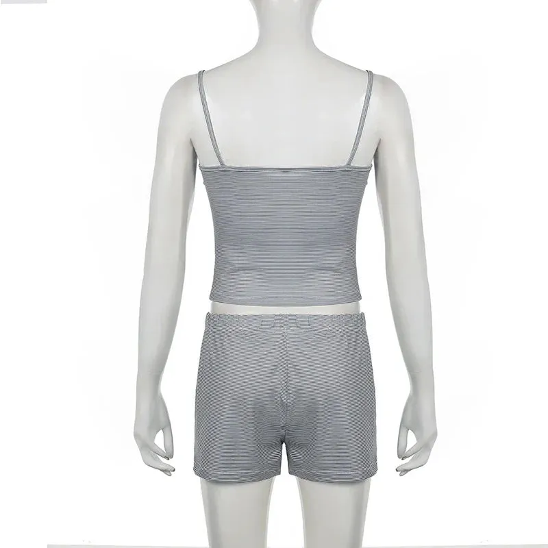 Metaversmall Casual Stripe Lace Trim Summer Two Pieces Set Female Homewear Buttons Camis Top Shorts Slim Basic Matching Suits Y2K