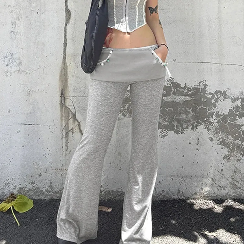 Metaversmall Korean Fashion Slim Autumn Sweatpants Women Trousers Appliques Low Waisted Casual Homewear Flared Pants Sweet Bottom