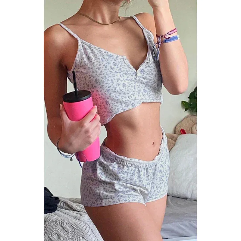 Metaversmall Korean Style Floral Printing Summer Two Pieces Set Women Buttons Mini Camis Tops Short Casual Harajuku Homewear Suits