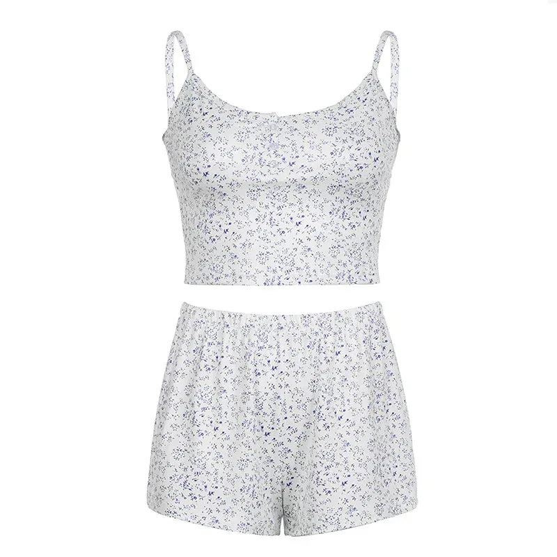 Metaversmall Korean Style Floral Printing Summer Two Pieces Set Women Buttons Mini Camis Tops Short Casual Harajuku Homewear Suits