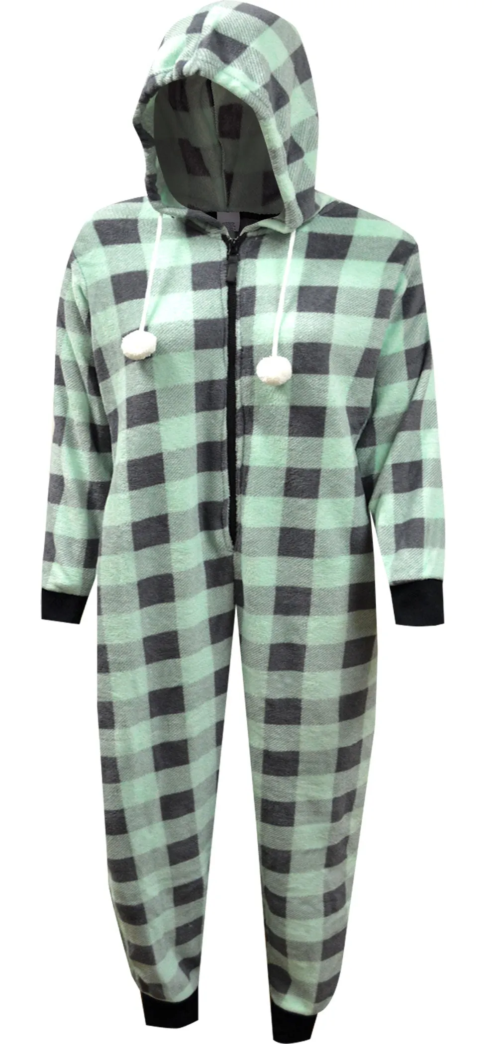 Mint Green and Gray Buffalo Plaid Print Hooded Onesie