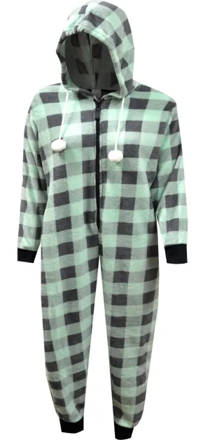 Mint Green and Gray Buffalo Plaid Print Hooded Onesie
