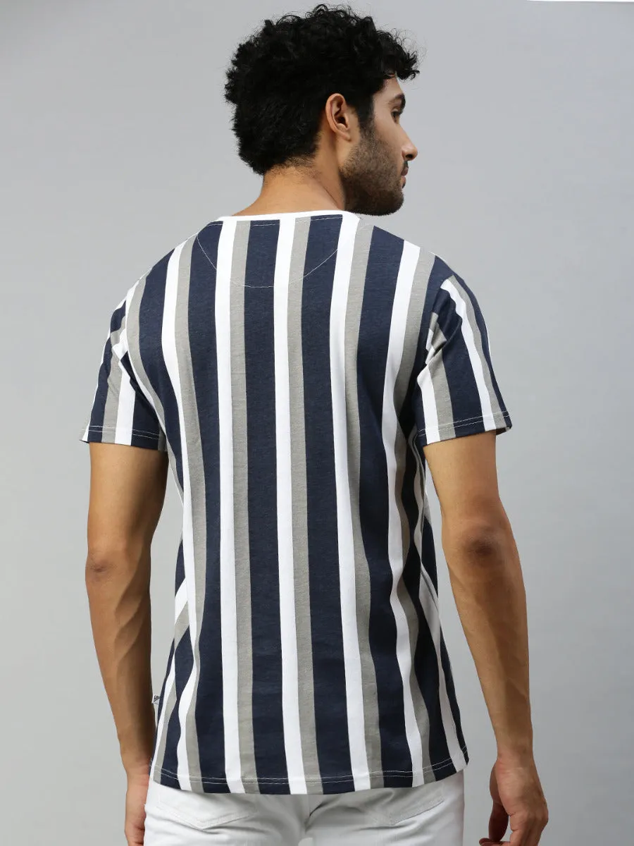 Navy & Grey Striped Graphic Printed Round Neck Casual T-Shirt GT45