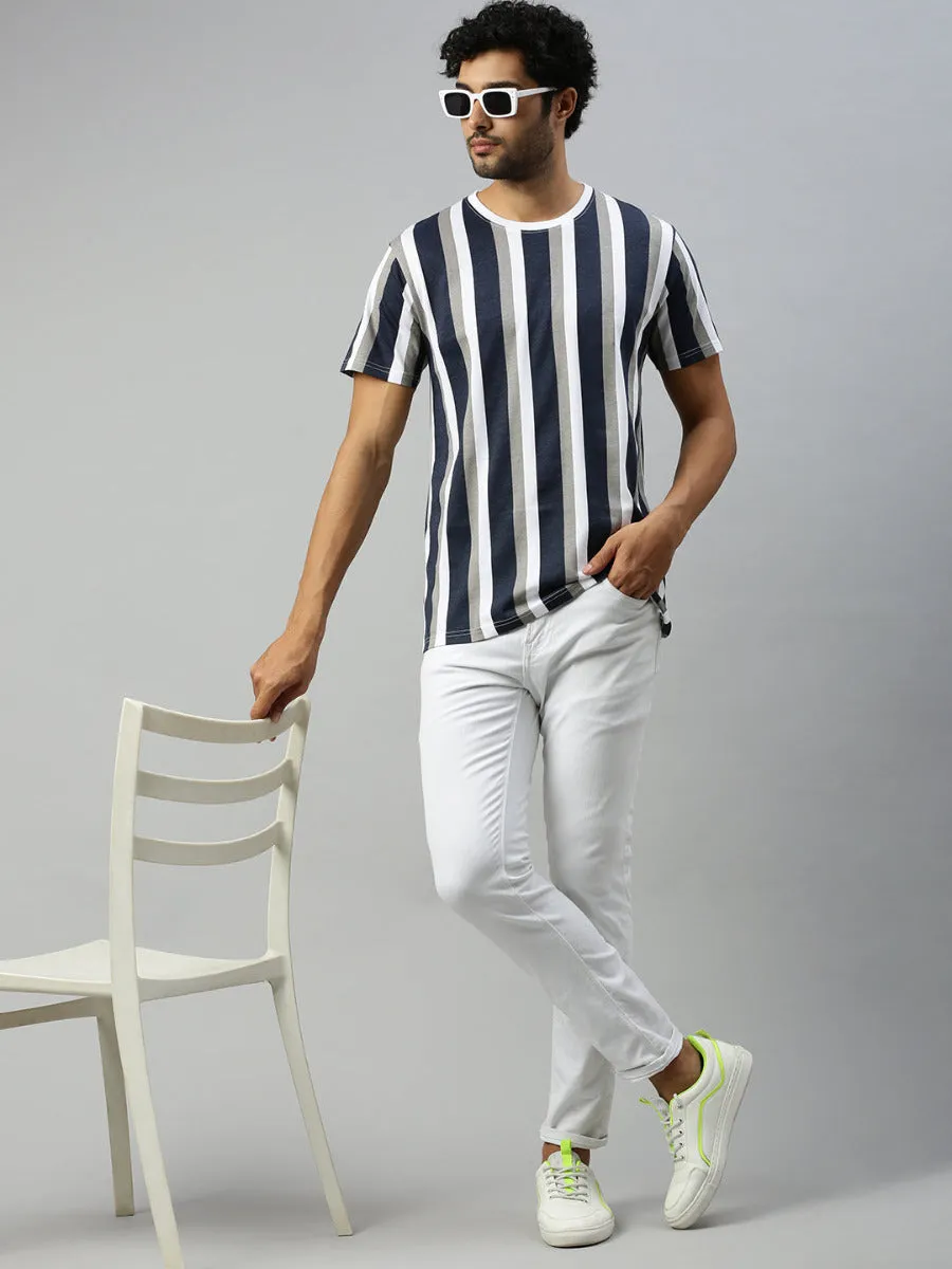 Navy & Grey Striped Graphic Printed Round Neck Casual T-Shirt GT45