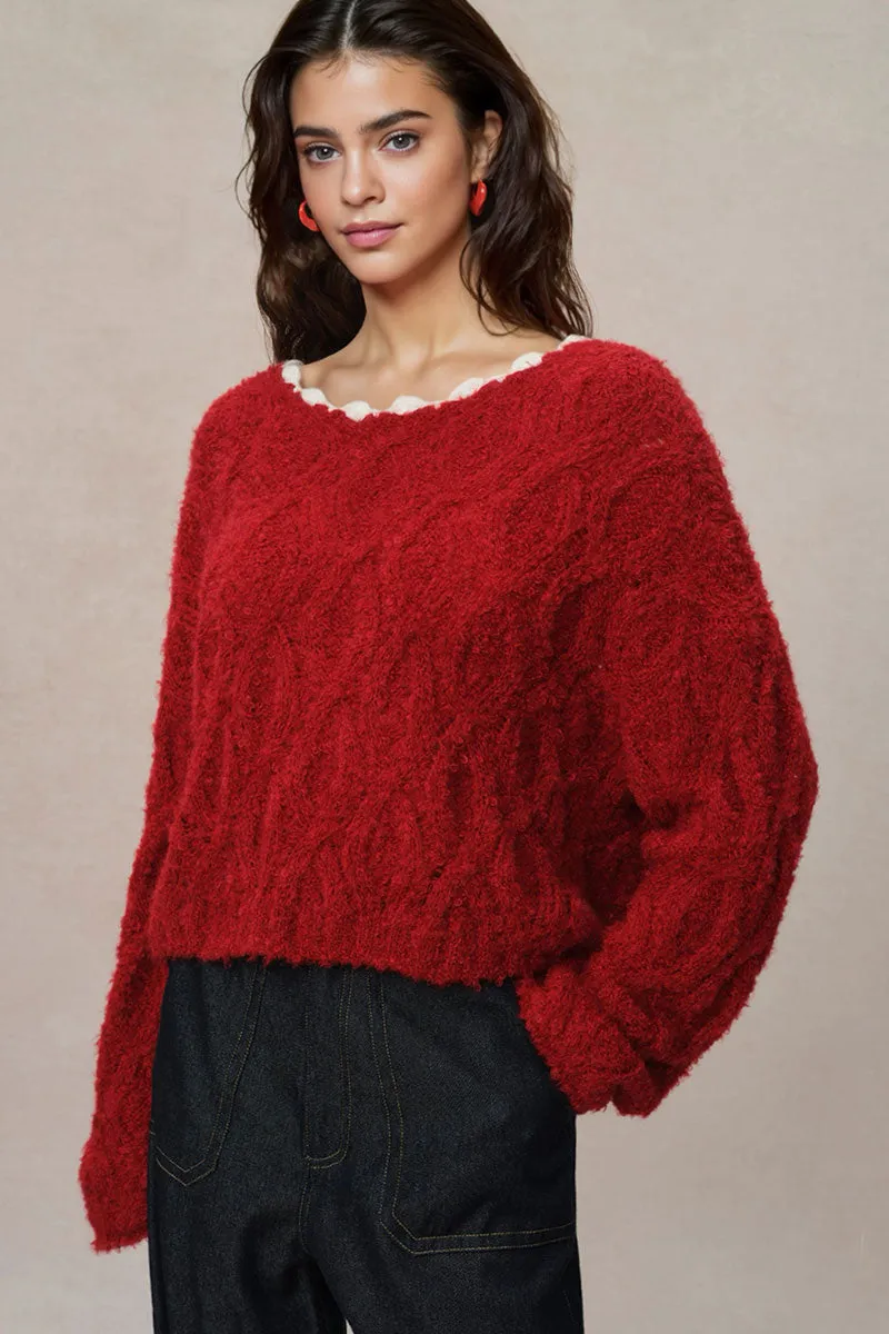 Oversized Mohair-Blend Cable Knit Scoop Neck Sweater