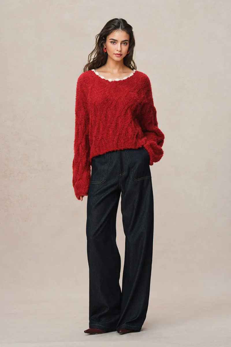Oversized Mohair-Blend Cable Knit Scoop Neck Sweater