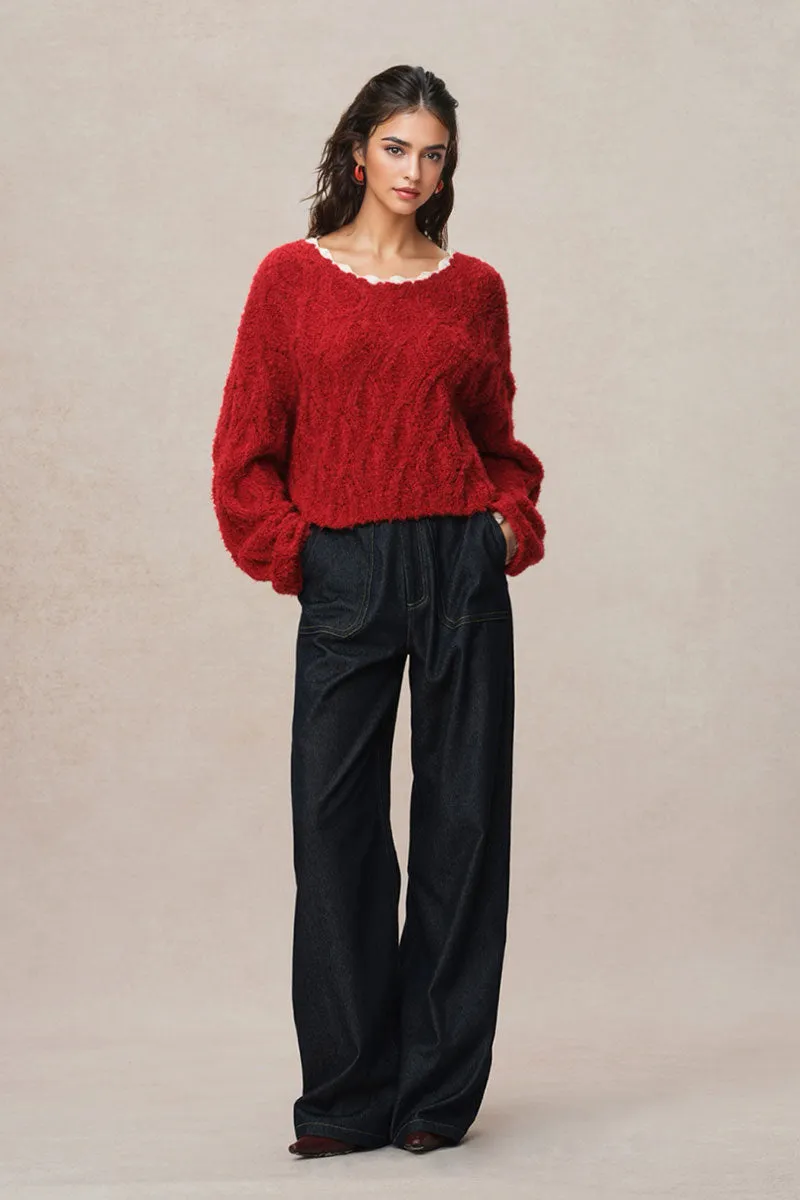 Oversized Mohair-Blend Cable Knit Scoop Neck Sweater
