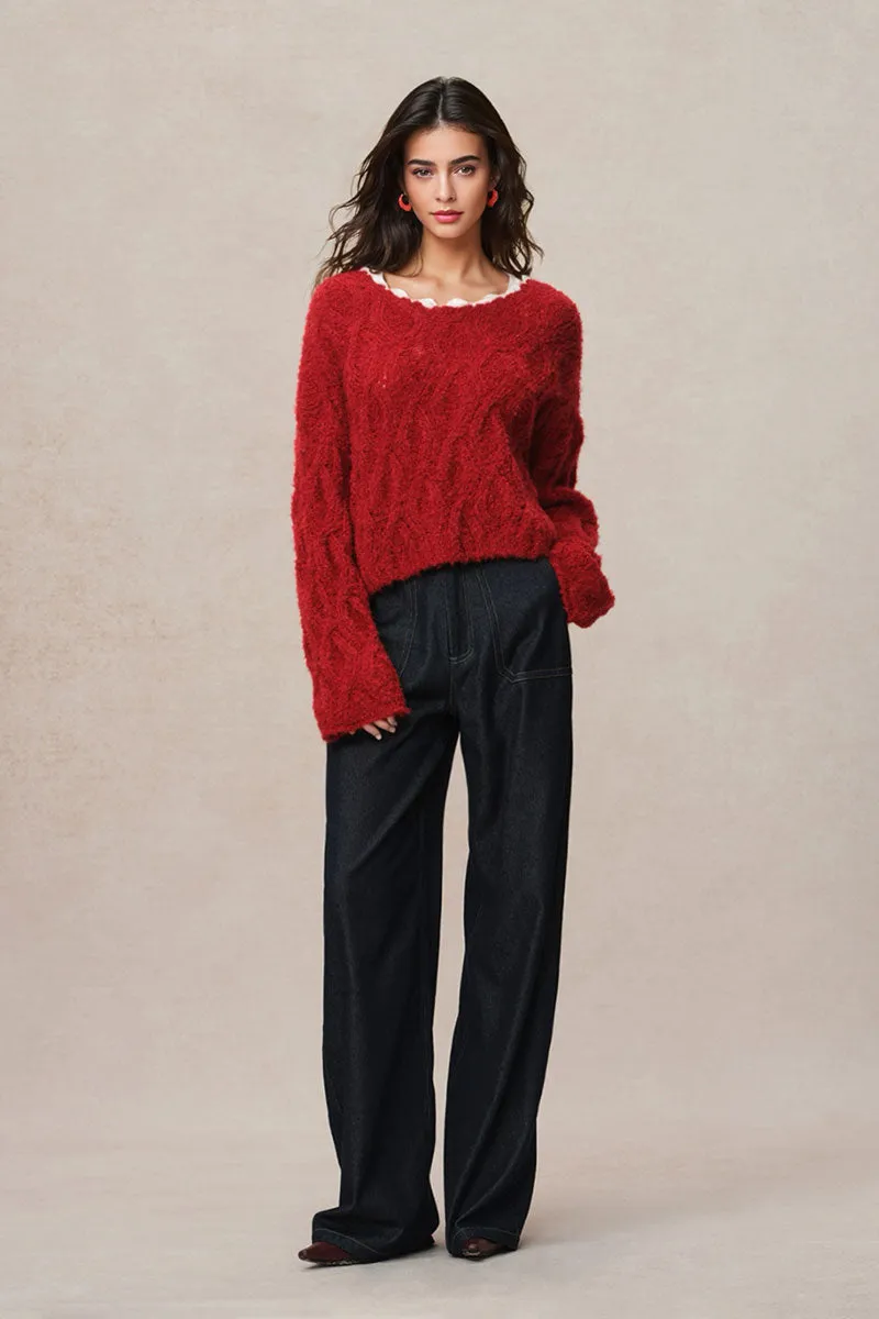 Oversized Mohair-Blend Cable Knit Scoop Neck Sweater