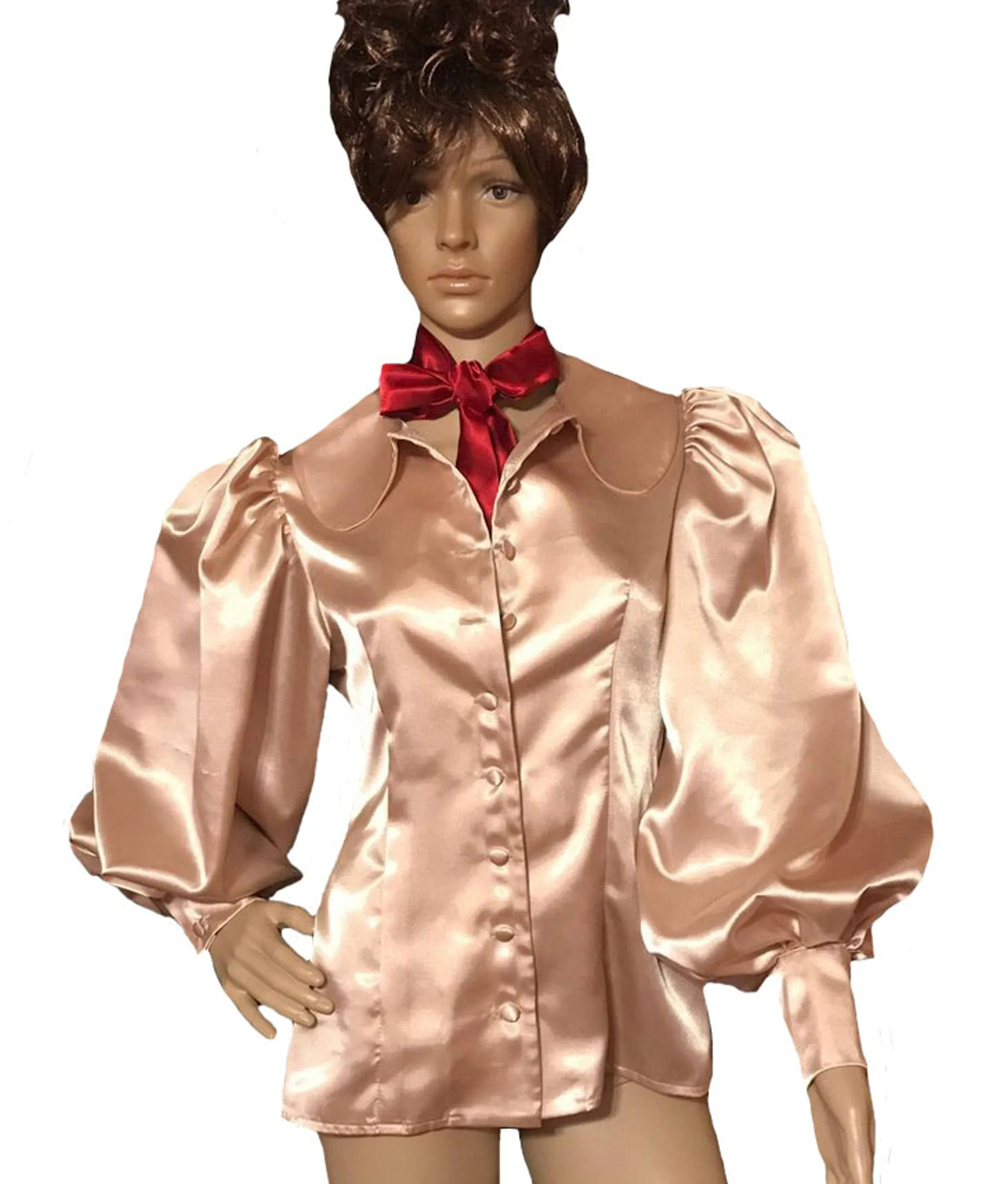 Peter-pan Collar Satin Puff Sleeve Blouse Shirt