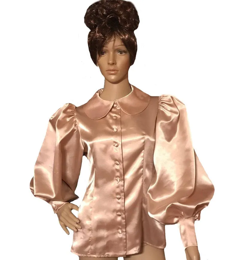 Peter-pan Collar Satin Puff Sleeve Blouse Shirt