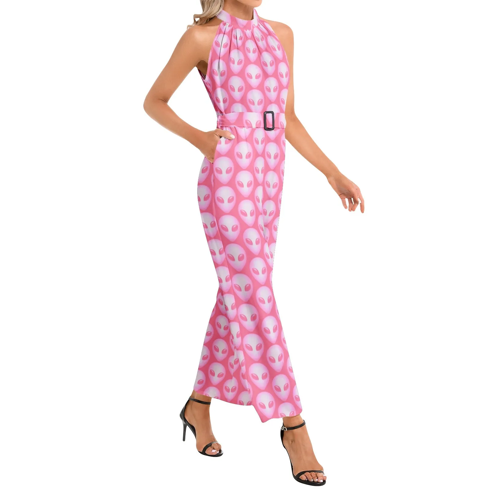 Pink Alien Halter Neck Buckle Belted Jumpsuit