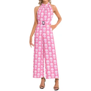 Pink Alien Halter Neck Buckle Belted Jumpsuit