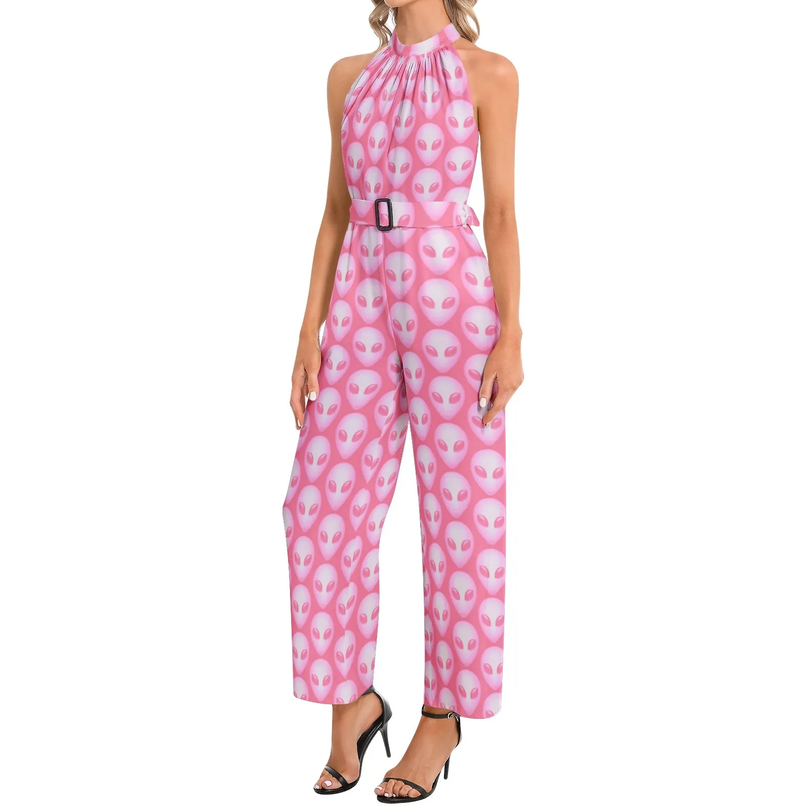 Pink Alien Halter Neck Buckle Belted Jumpsuit