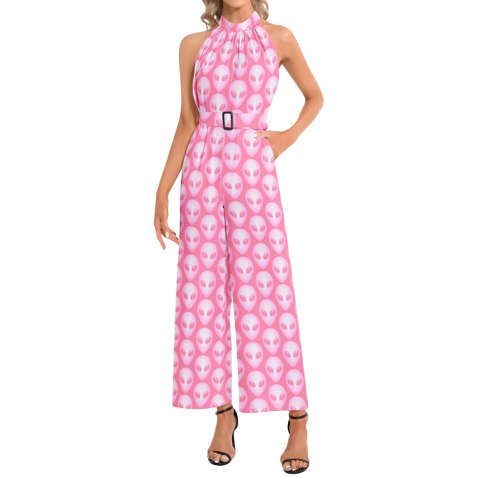 Pink Alien Halter Neck Buckle Belted Jumpsuit