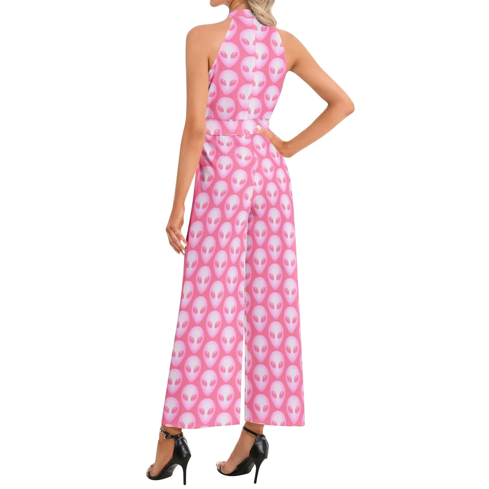 Pink Alien Halter Neck Buckle Belted Jumpsuit