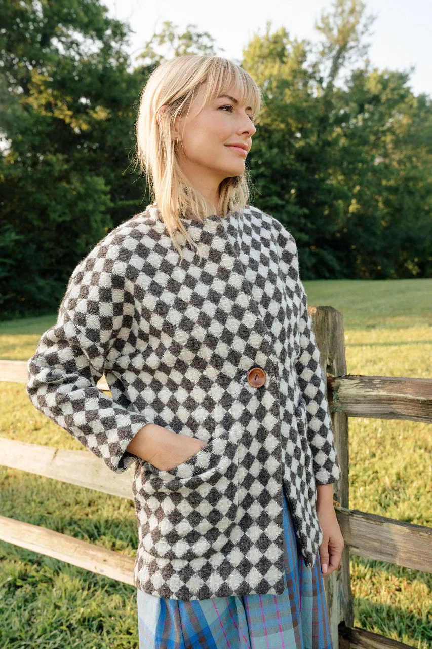 Portuguese Wool Pieper Coat in Brown and Cream Check - M Sample
