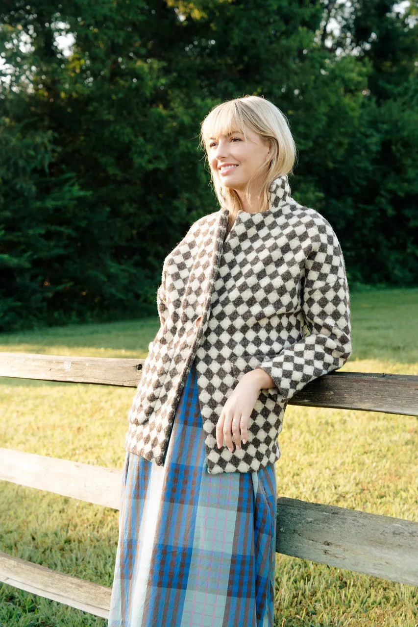 Portuguese Wool Pieper Coat in Brown and Cream Check - M Sample