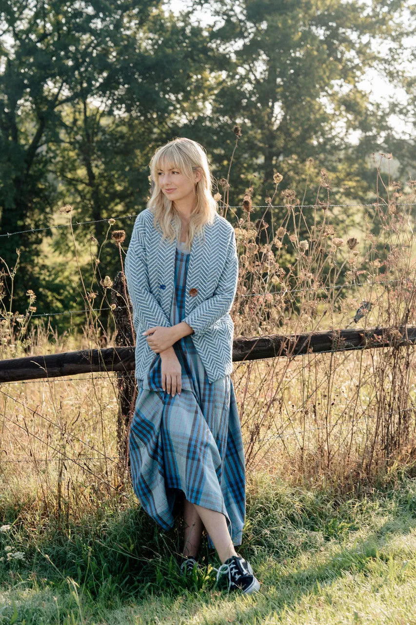 Portuguese Wool Pieper Coat in Cobalt and Cream Herringbone - XL Left