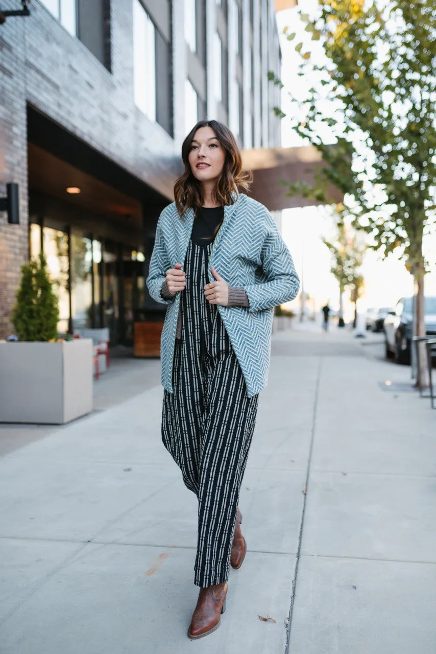 Portuguese Wool Pieper Coat in Cobalt and Cream Herringbone - XL Left