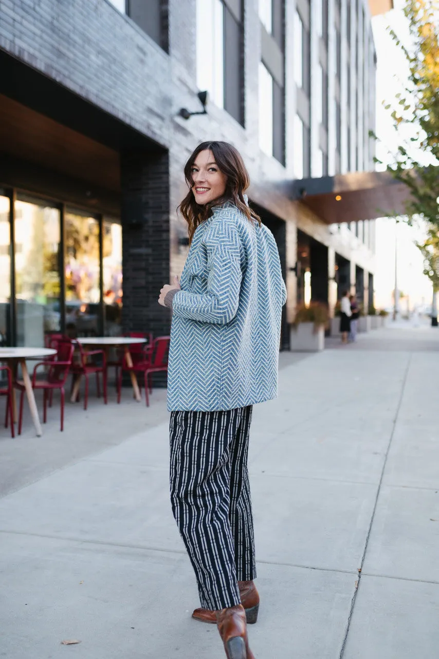 Portuguese Wool Pieper Coat in Cobalt and Cream Herringbone - XL Left