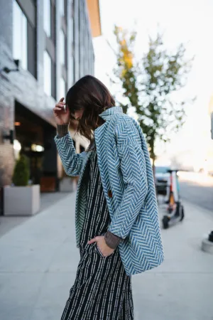 Portuguese Wool Pieper Coat in Cobalt and Cream Herringbone - XL Left