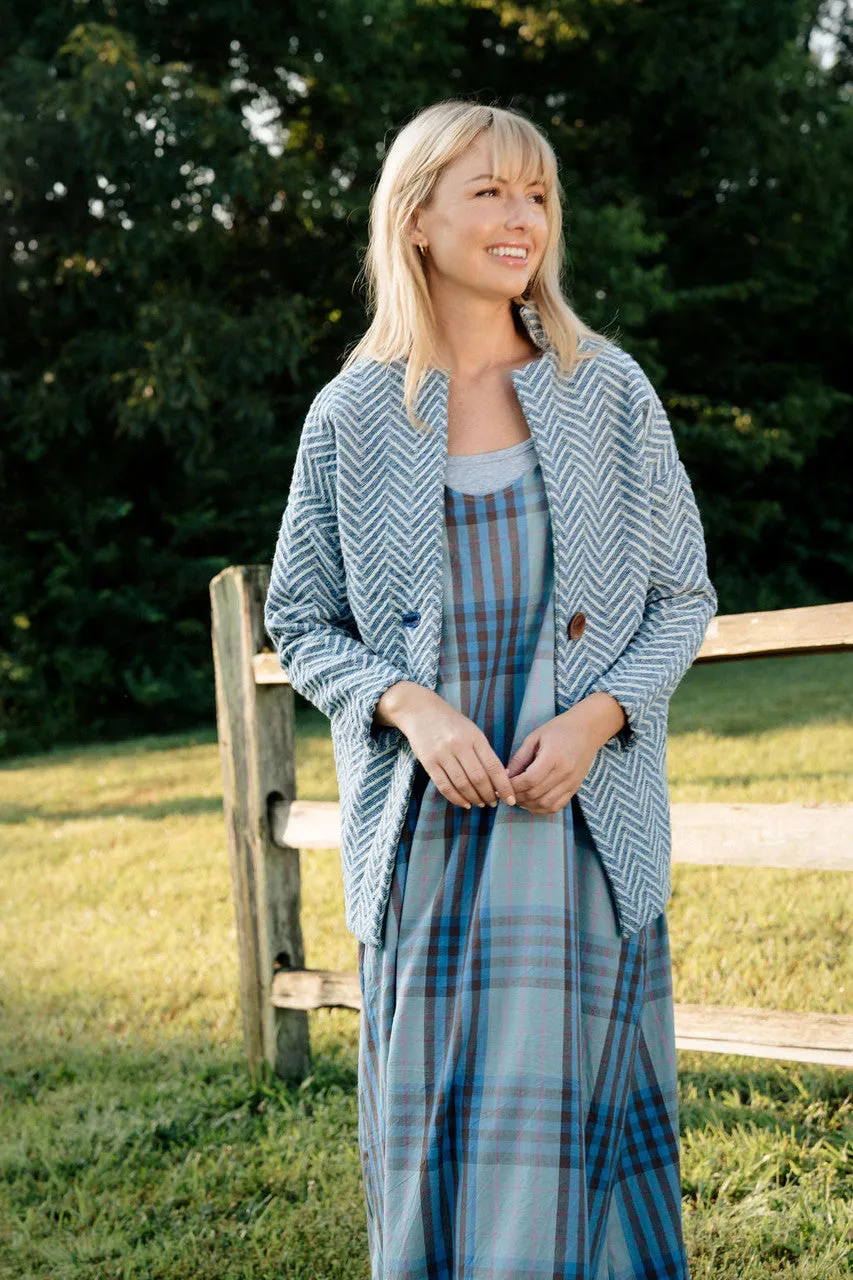 Portuguese Wool Pieper Coat in Cobalt and Cream Herringbone - XL Left