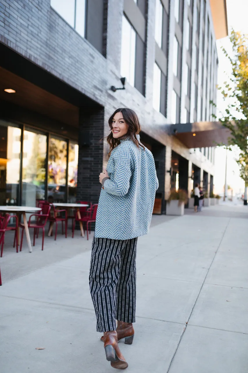 Portuguese Wool Pieper Coat in Cobalt and Cream Herringbone - XL Left