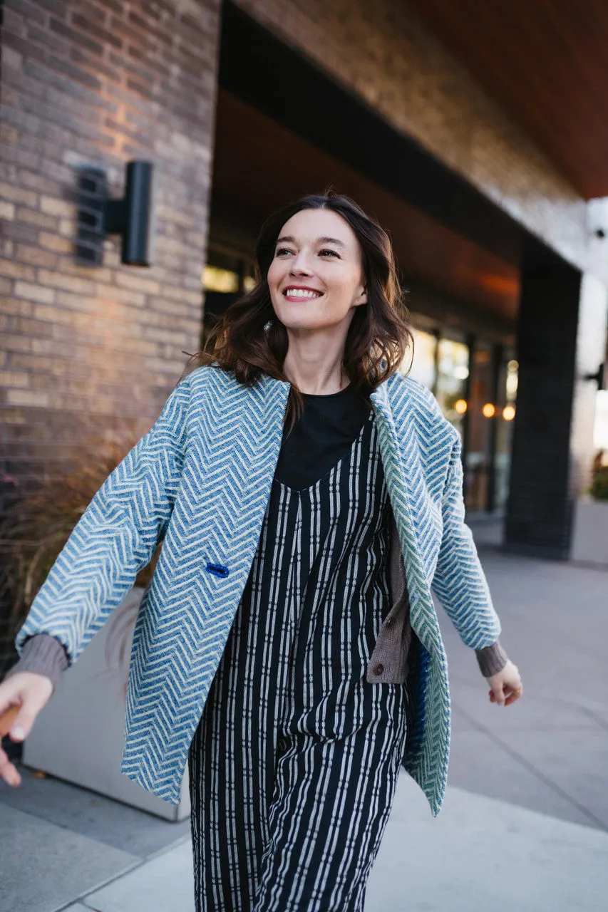 Portuguese Wool Pieper Coat in Cobalt and Cream Herringbone - XL Left