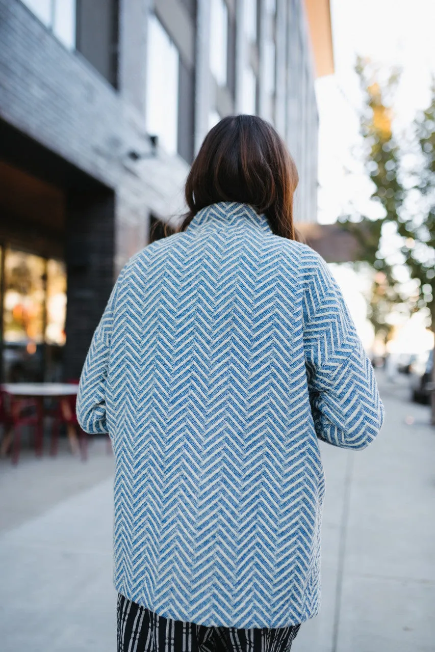 Portuguese Wool Pieper Coat in Cobalt and Cream Herringbone - XL Left
