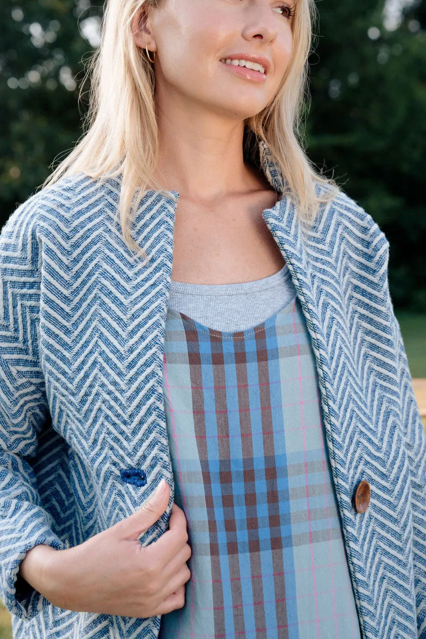 Portuguese Wool Pieper Coat in Cobalt and Cream Herringbone - XL Left