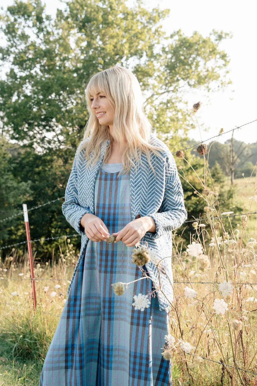 Portuguese Wool Pieper Coat in Cobalt and Cream Herringbone - XL Left