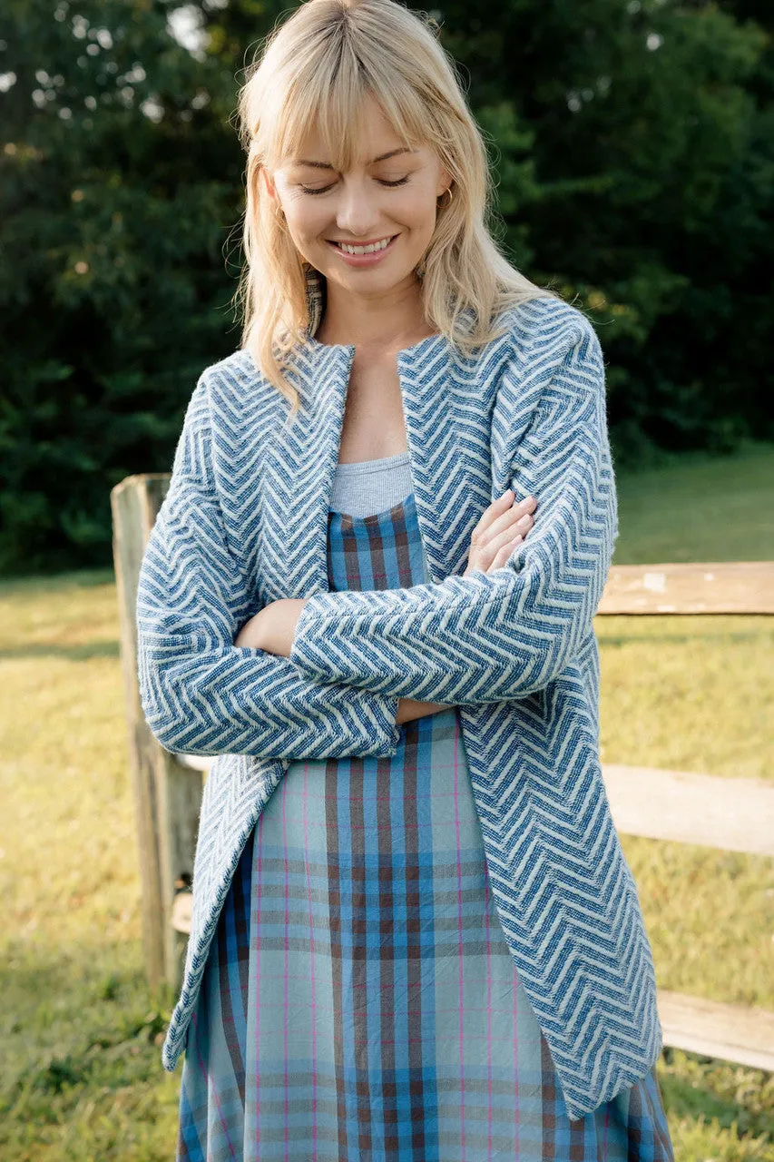 Portuguese Wool Pieper Coat in Cobalt and Cream Herringbone - XL Left