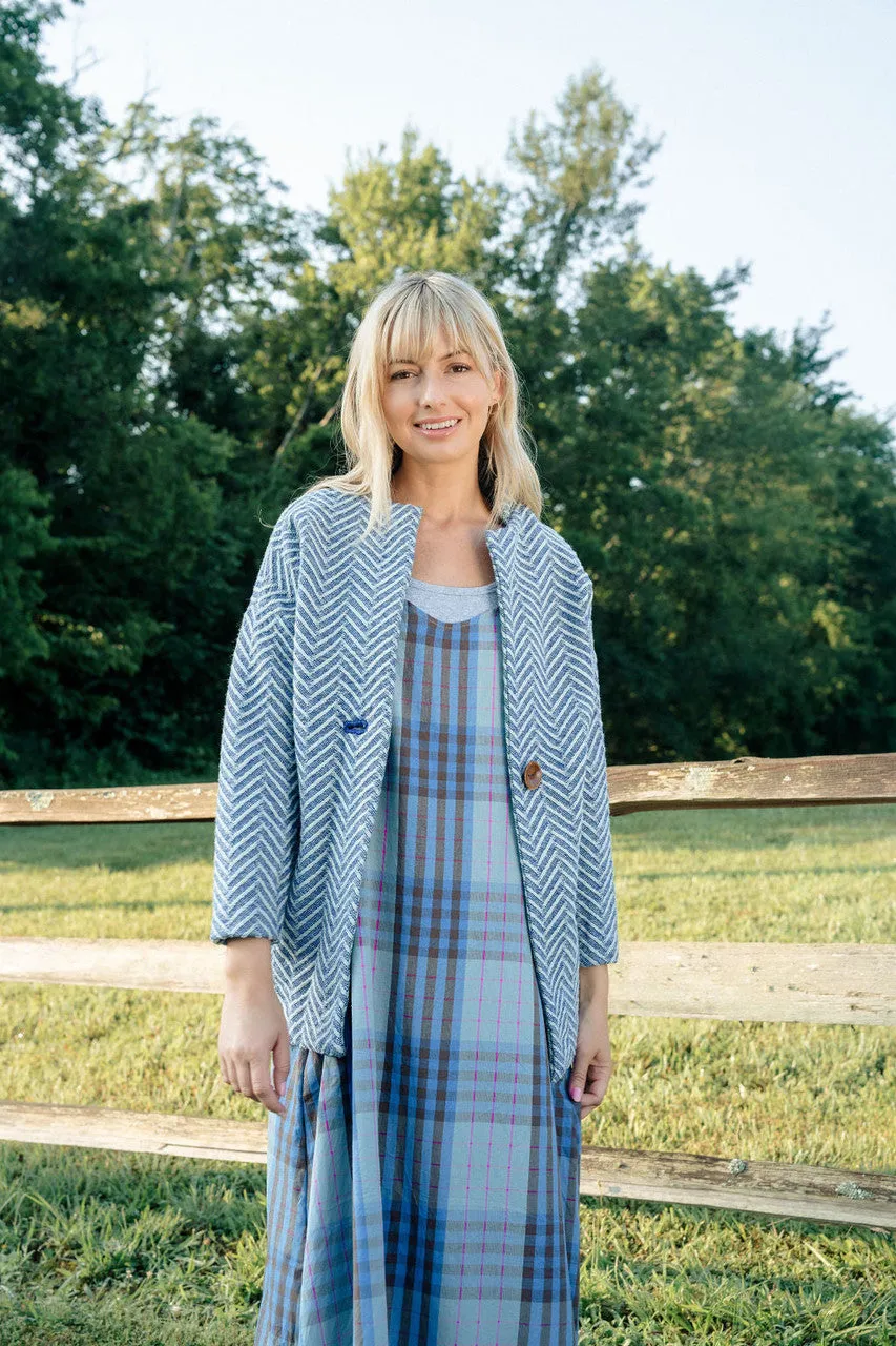 Portuguese Wool Pieper Coat in Cobalt and Cream Herringbone - XL Left