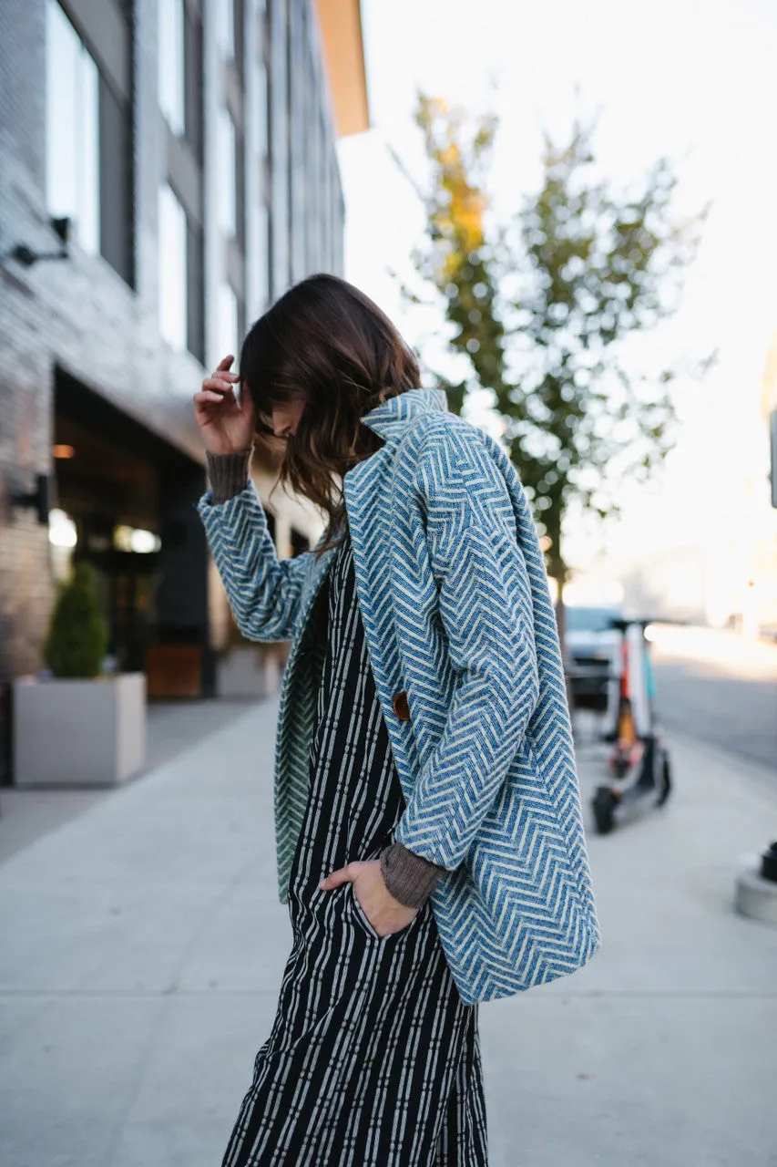 Portuguese Wool Pieper Coat in Cobalt and Cream Herringbone - XL Left