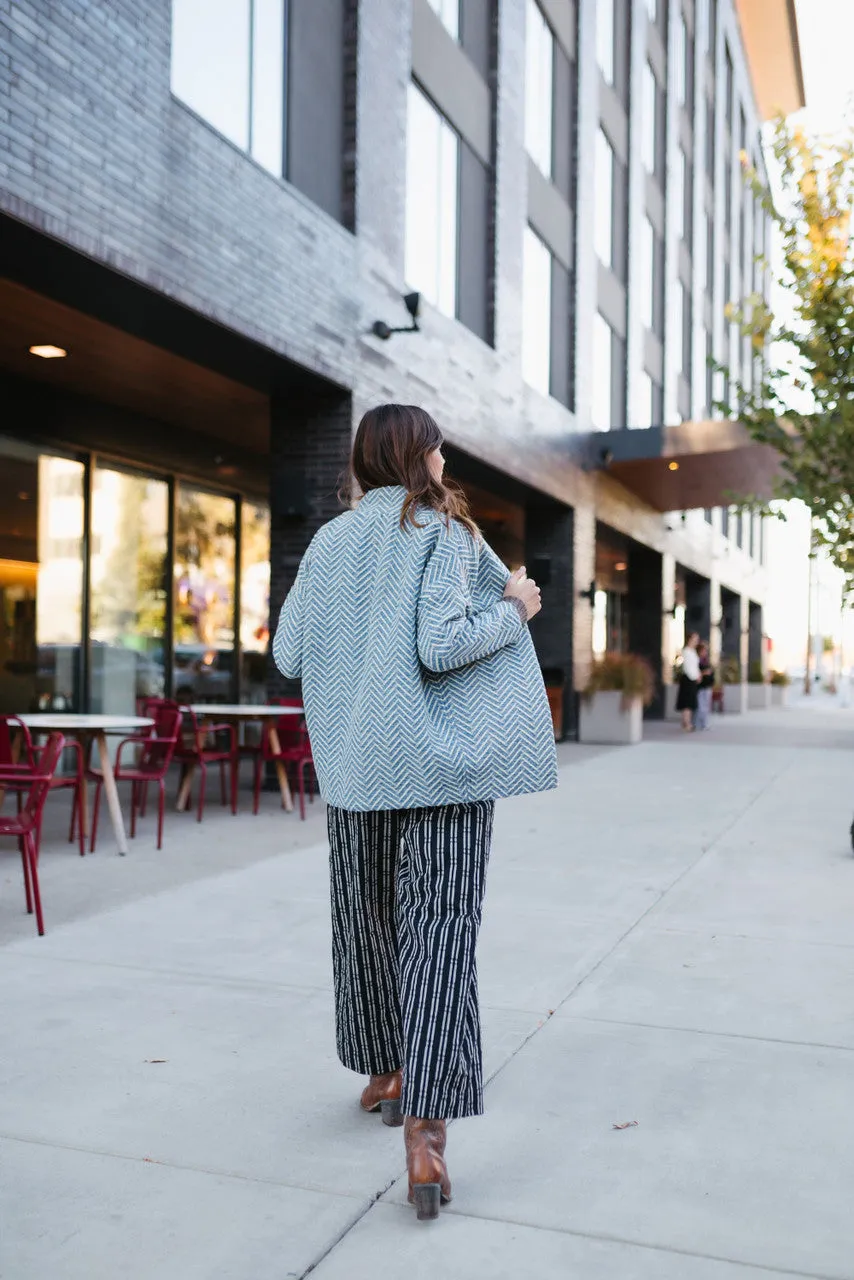 Portuguese Wool Pieper Coat in Cobalt and Cream Herringbone - XL Left
