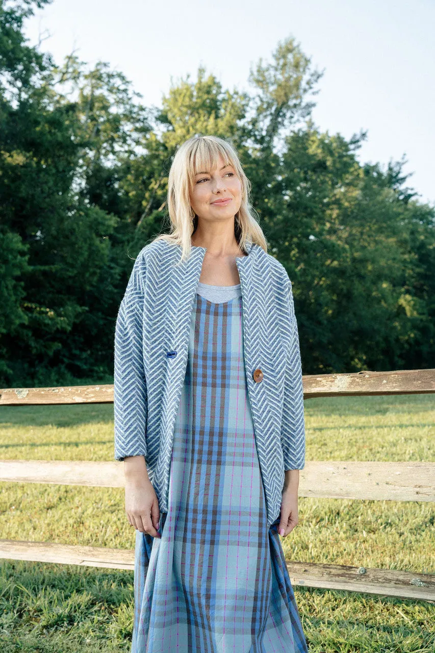 Portuguese Wool Pieper Coat in Cobalt and Cream Herringbone - XL Left