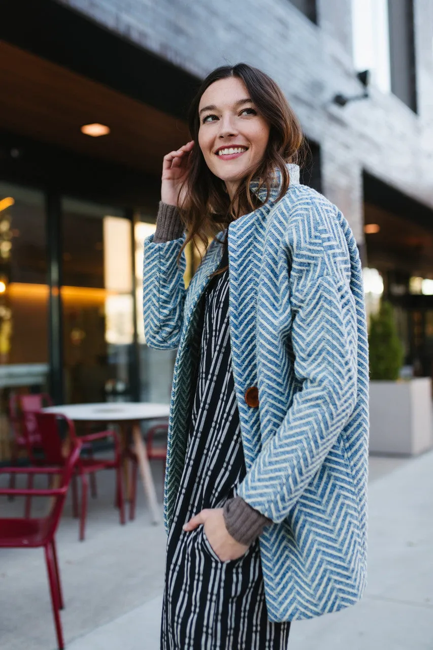 Portuguese Wool Pieper Coat in Cobalt and Cream Herringbone - XL Left