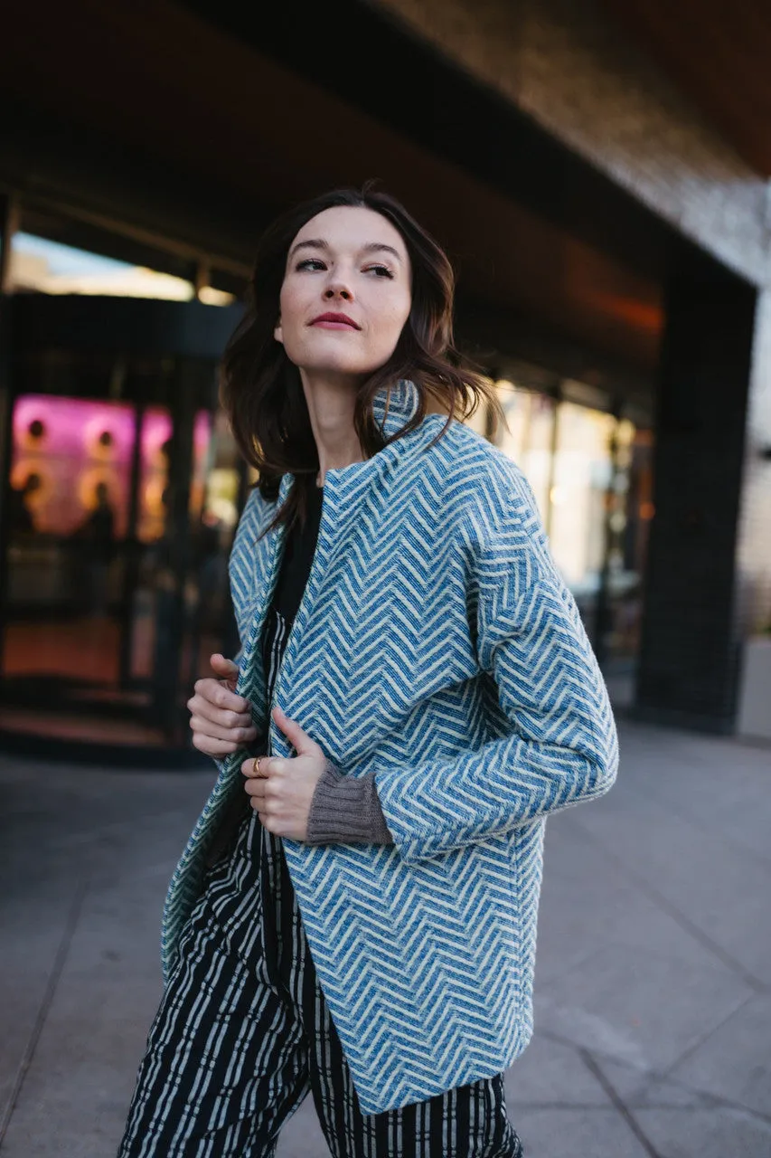 Portuguese Wool Pieper Coat in Cobalt and Cream Herringbone - XL Left