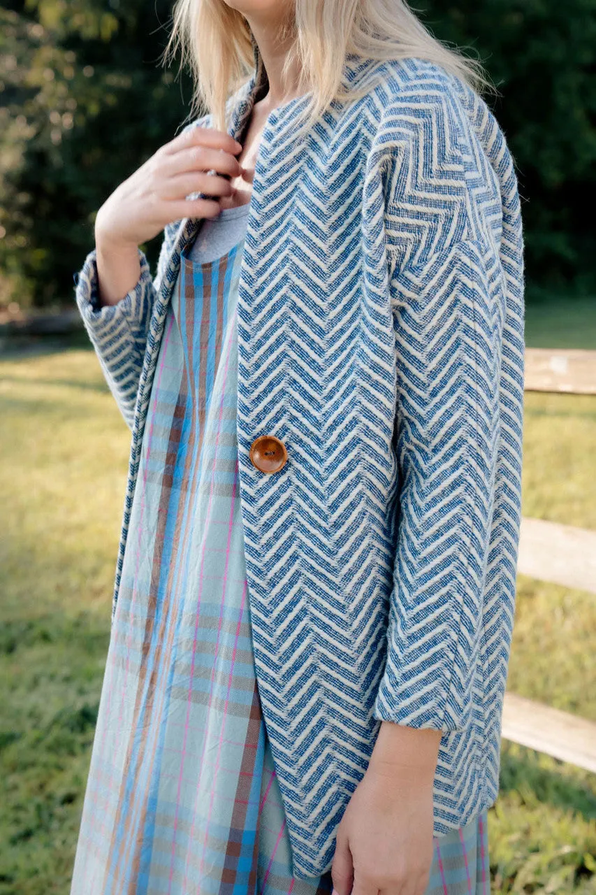 Portuguese Wool Pieper Coat in Cobalt and Cream Herringbone - XL Left