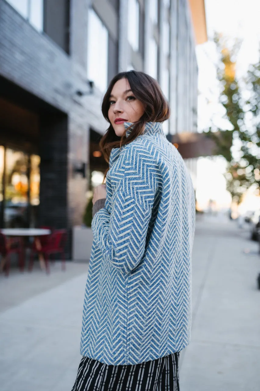 Portuguese Wool Pieper Coat in Cobalt and Cream Herringbone - XL Left