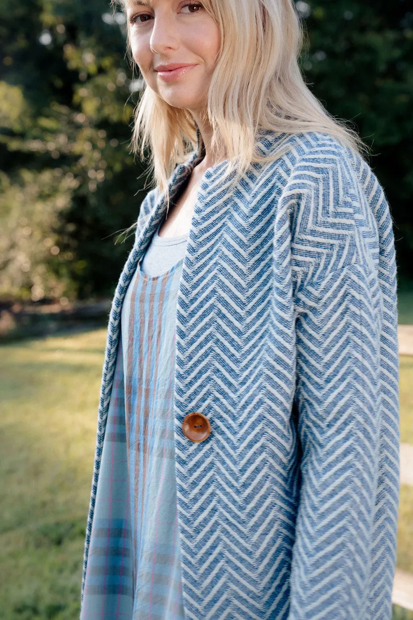 Portuguese Wool Pieper Coat in Cobalt and Cream Herringbone - XL Left