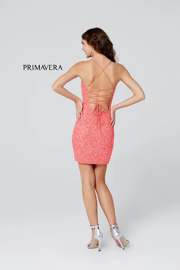 Primavera Couture 3351 Size 2, 12 Gold Cocktail Dress  Short Fitted Sequin Backless Homecoming Dress